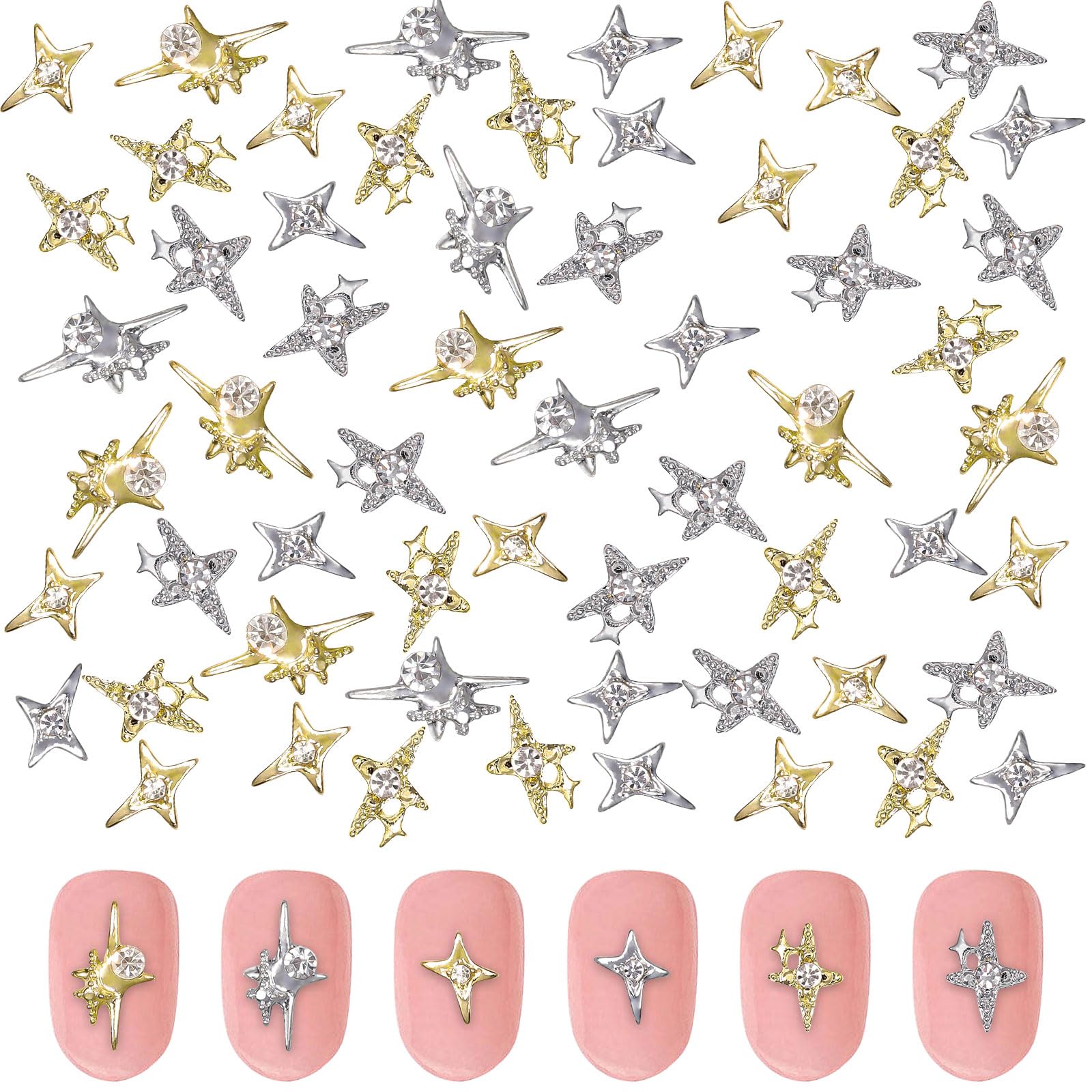 Star Nail Charms,60PCS Shiny Pentagram Cross Nail Gems,Metal Alloy Gold Silver3D Nail Art Decorations Supplies Nail Rhinestones for Manicure Desgin DIY Crafts (Silver B)