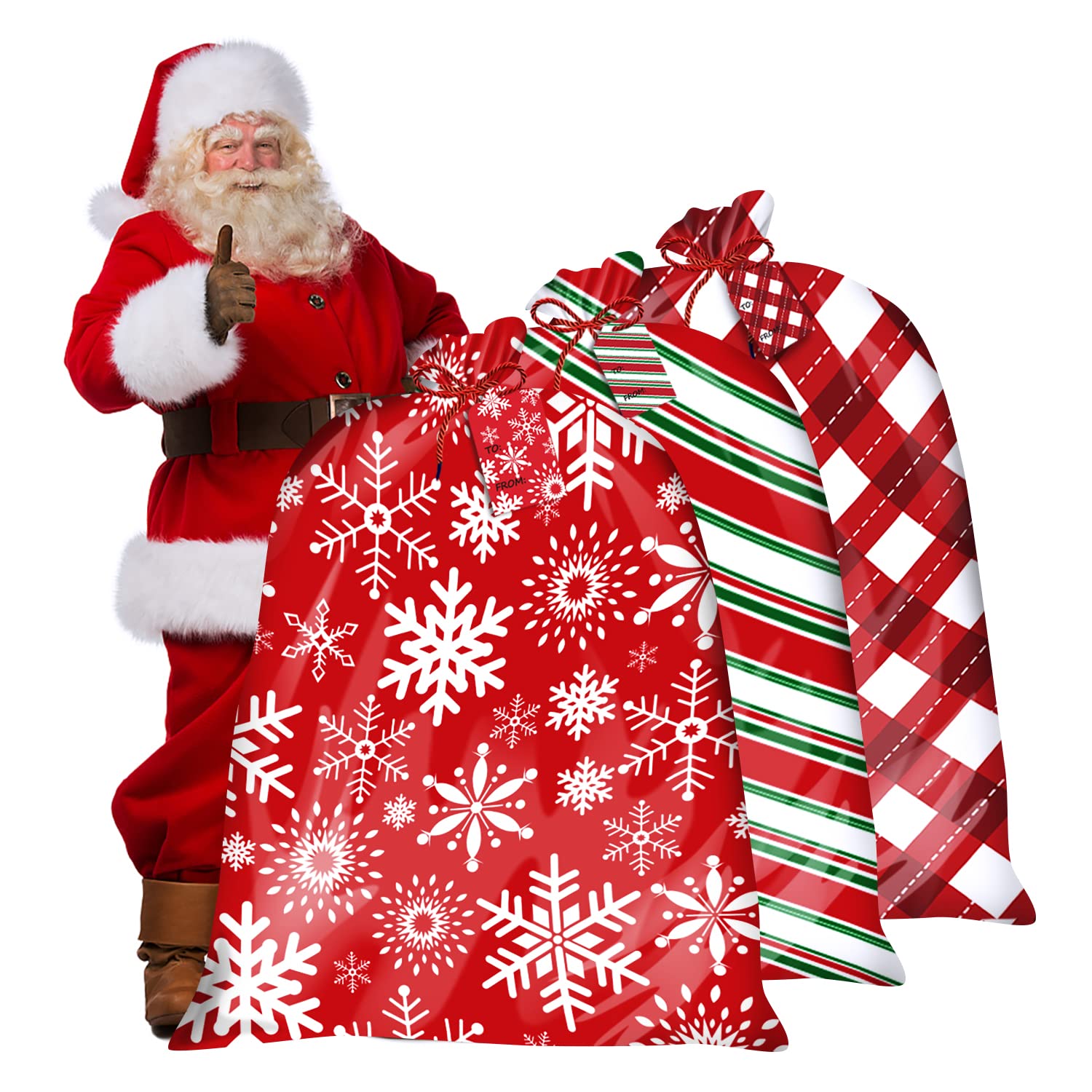 VEYLIN Christmas Giant Gift Bag, 3 Pack Large Gift Wrapping Bag with Name Tag Card and String Christmas Santa Sacks for Xmas Party (36"x44")