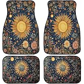 Abstract Car Floor Mats Set of 4 Vintage Sun Moon Star Floral Vibrant Color Carpet Front Rear Carpets Mat Non-Slip Auto Car Accessories Universal Fit for Car SUV Truck Van