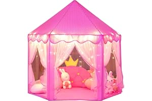 wilwolfer Princess Castle Play Tent for Girls Large Kids Play Tents Hexagon Playhouse with Star Lights Toys for Children Indoor Games (Pink)