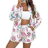 Chicyoo Women Seashell Print Beach Cover Up Set Loose Sheer Shirt Elastic Waist Shorts Summer Resort 2 Piece Outfit