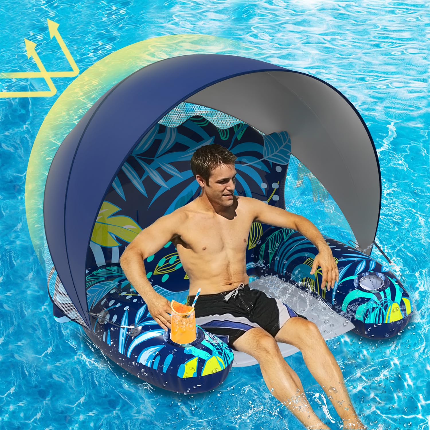 Photo 1 of Inflatable Pool Floats Adult with Canopy, Pool Chair Lounge Float Raft Heavy Duty with Sun Shade, Cup Holders, Water Pool Floaties for Women, Swimming Pool Toys Floats for Lake, Beach