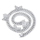 YBMYCM Butterfly Cuban Necklace Crystal Collars Cuban Link Chain Iced Bling Butterfly for Women Men Hip Hop Rapper Jewelry
