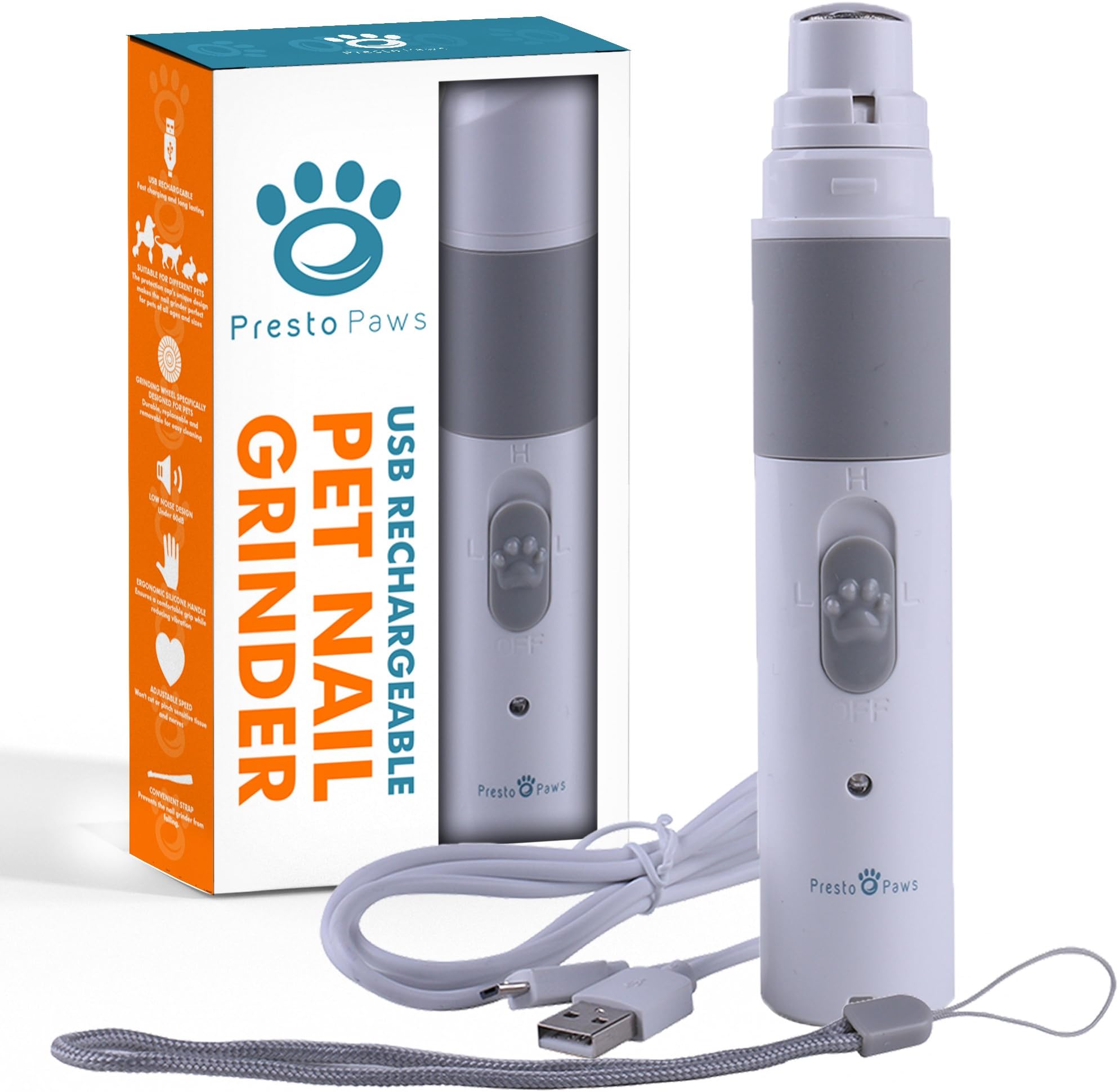 Presto Paws Electric Pet Nail Grinder - Rechargeable, Silent & Safe Grooming with 2 Speeds For SMALL Dogs & Cats