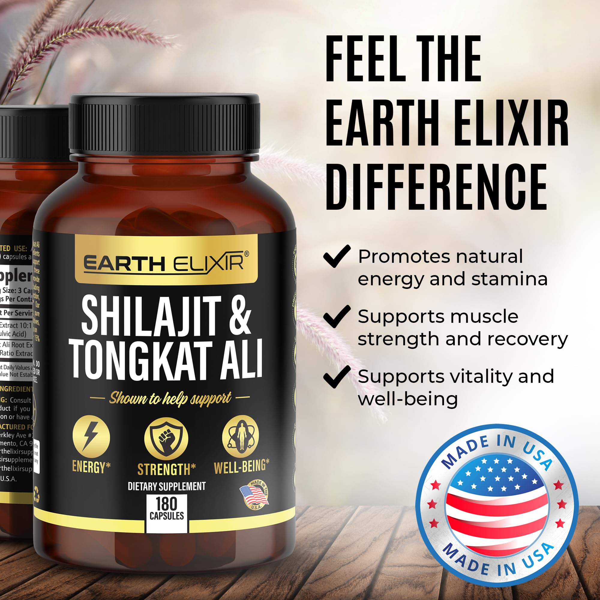 Earth Elixir Shilajit 1000mg & Tongkat Ali 400mg (180 Capsules) Made in USA-Shilajit Supplement (20% Fulvic Acid) Shilajit Pure Himalayan Organic & Tongkat Ali for Men More Potent Than Shilajit Resin