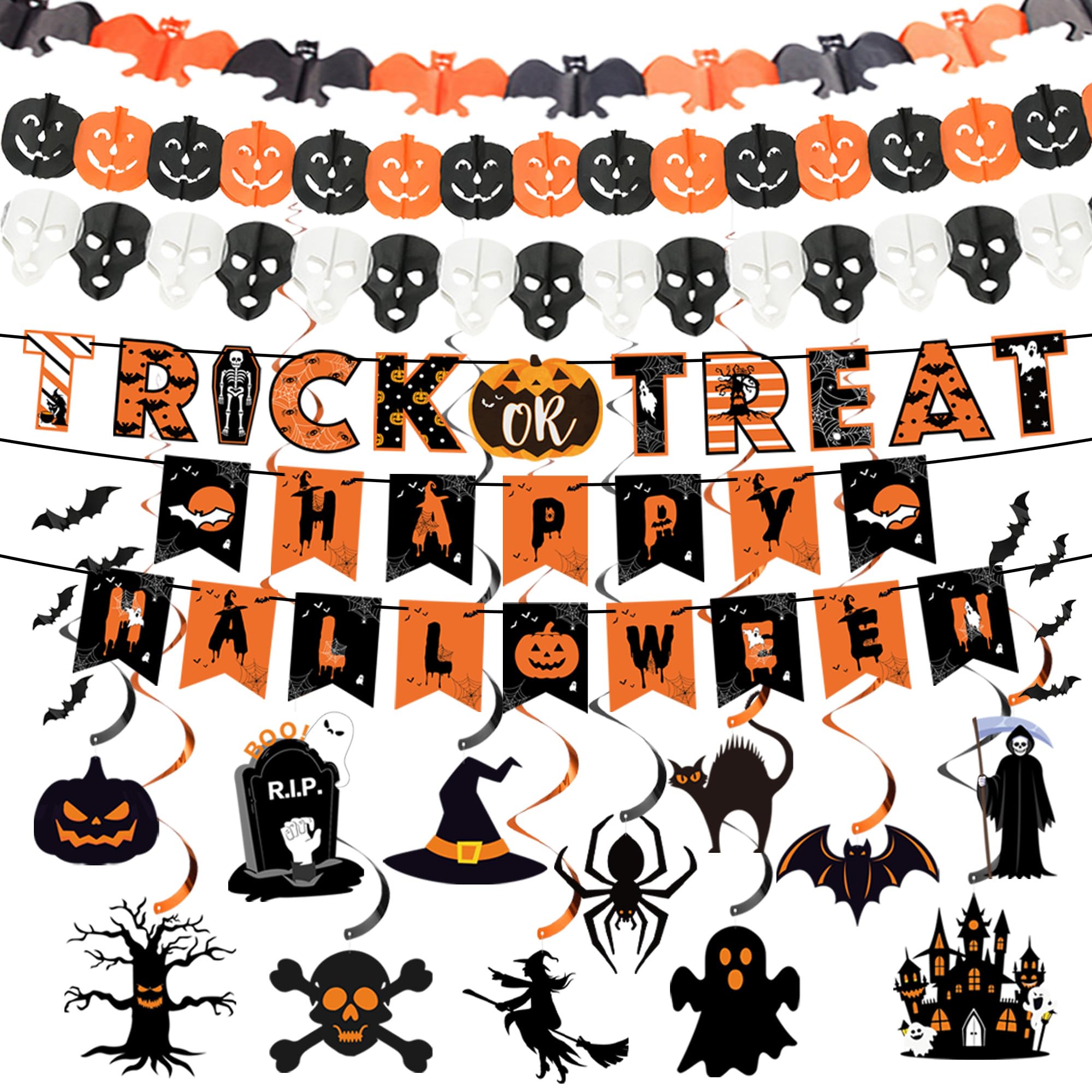 Photo 1 of 18 Pcs Halloween Party Decorations, Reusable Halloween Decor Indoor, Decorations Kit Included Happy Halloween Banner, Trick or Treat Banner, Ghost Pumpkin Ceiling Hanging Swirls Streamers