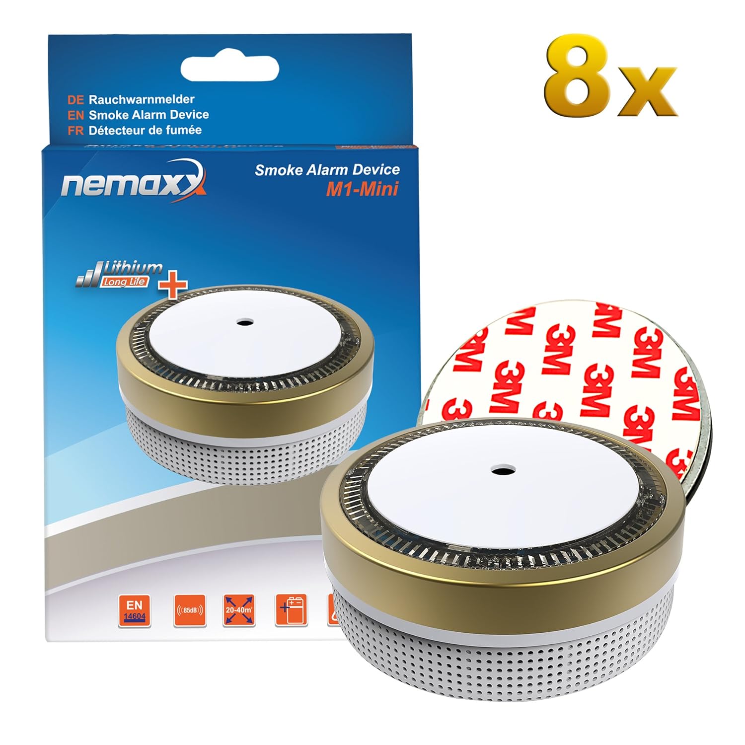 8X Nemaxx Detector de Humo M1-Mini Dorado - sensibilidad fotoeléctrica - Certificado VDS y con batería de Litio Tipo DC3V - Conforme la Norma DIN EN14604 ...