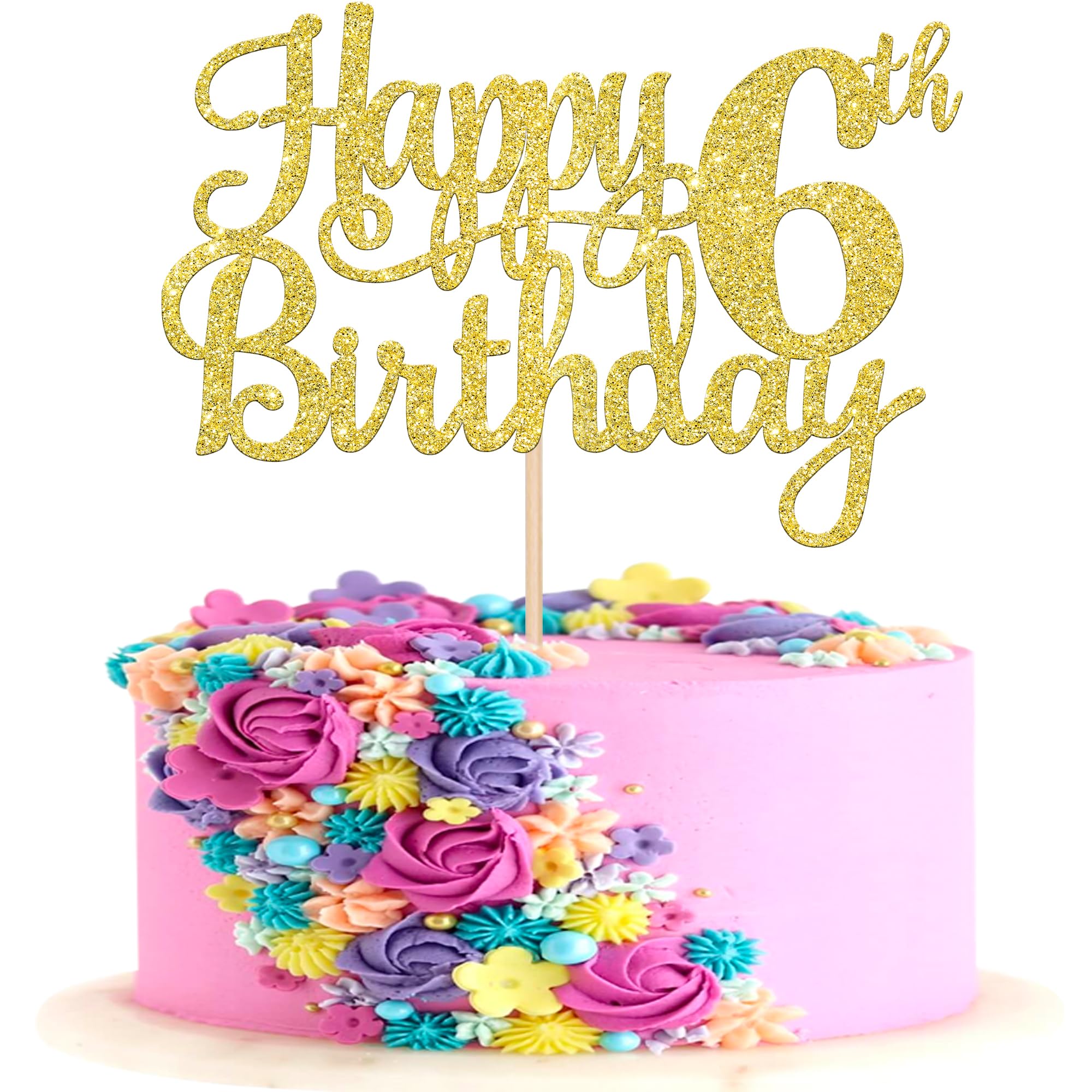 1 PCS Happy 6th Birthday Cake Topper - Gold Glitter Cheers to 6 Years - Fabulous Cake Decoration for 6th Birthday Theme Party
