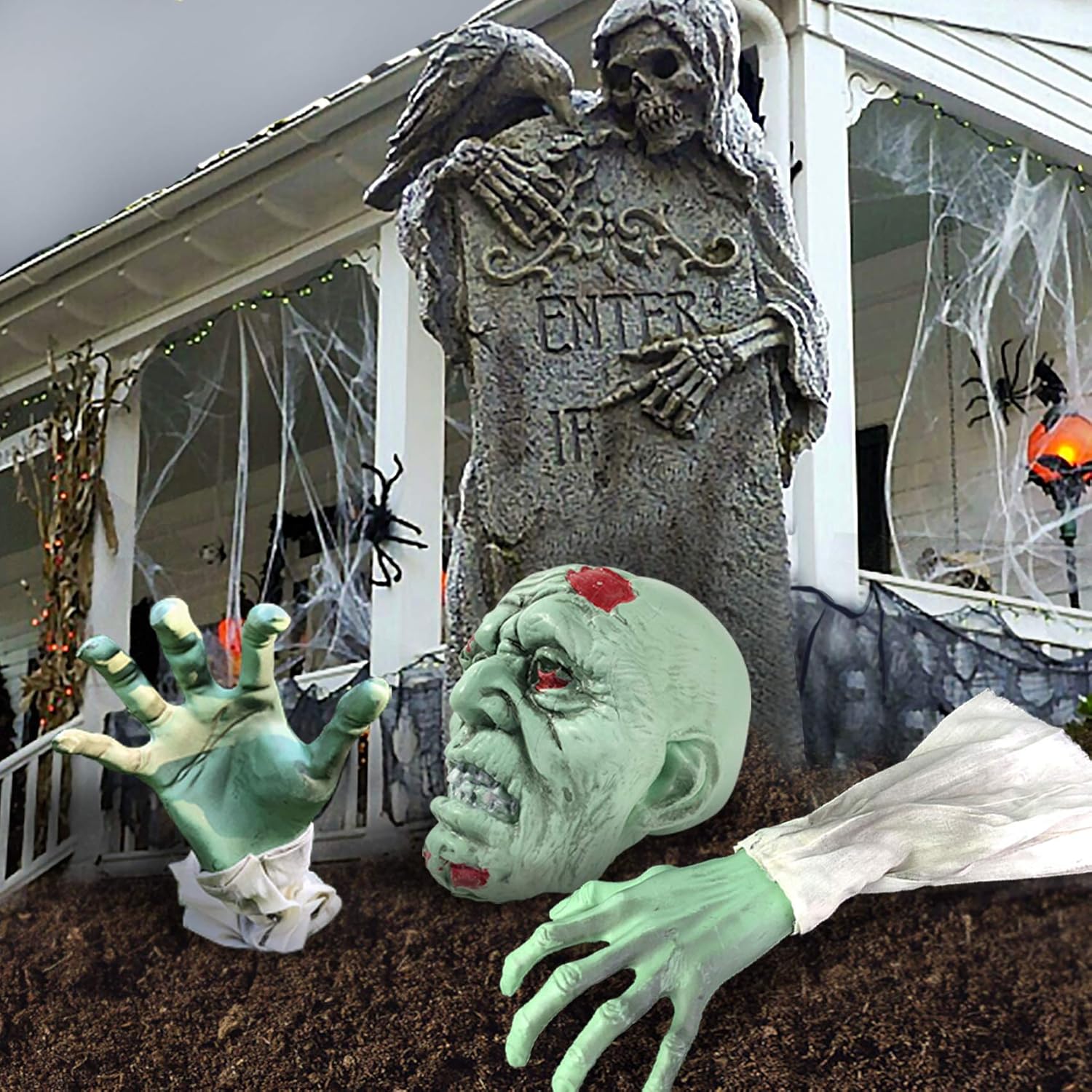 Halloween Decorations - Halloween Realistic Zombie Face and Arms Lawn Stakes - Plastic Green Skeleton Bone Head and Hands Garden Yard Stakes for Haunted House Graveyard, Cemetery, Coffin Party: Garden & Outdoor