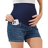 AMPOSH Women's Maternity Over-The-Belly Jean Shorts – Stretch Denim Summer Pregnancy Shorts with Pockets