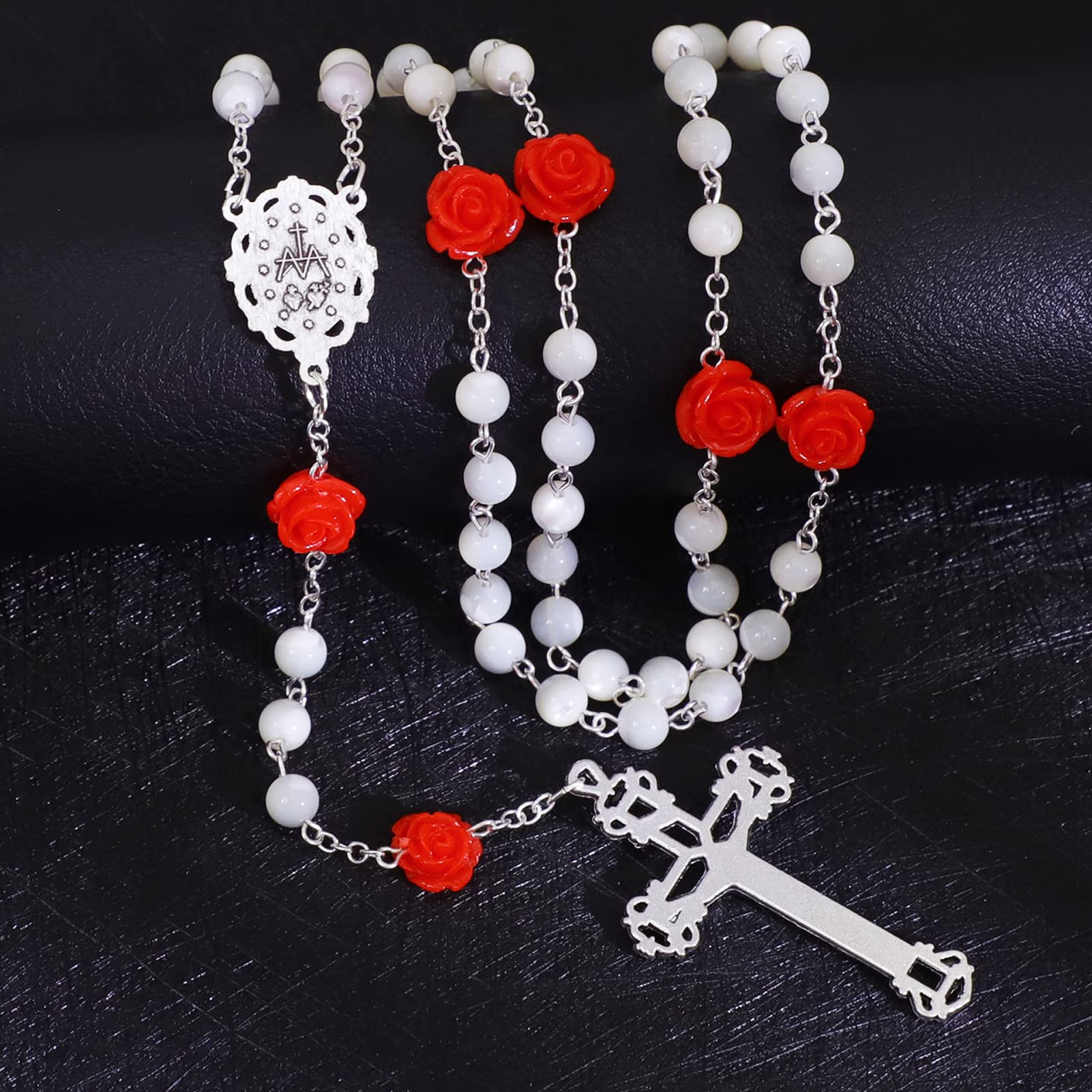 KOMI Rosary Beads Catholic for Women Gemstone Rosary Beads Necklace with Crucifix Cross Crystal Pearl Rosary Rosarios Catolicos Catholic Gifts