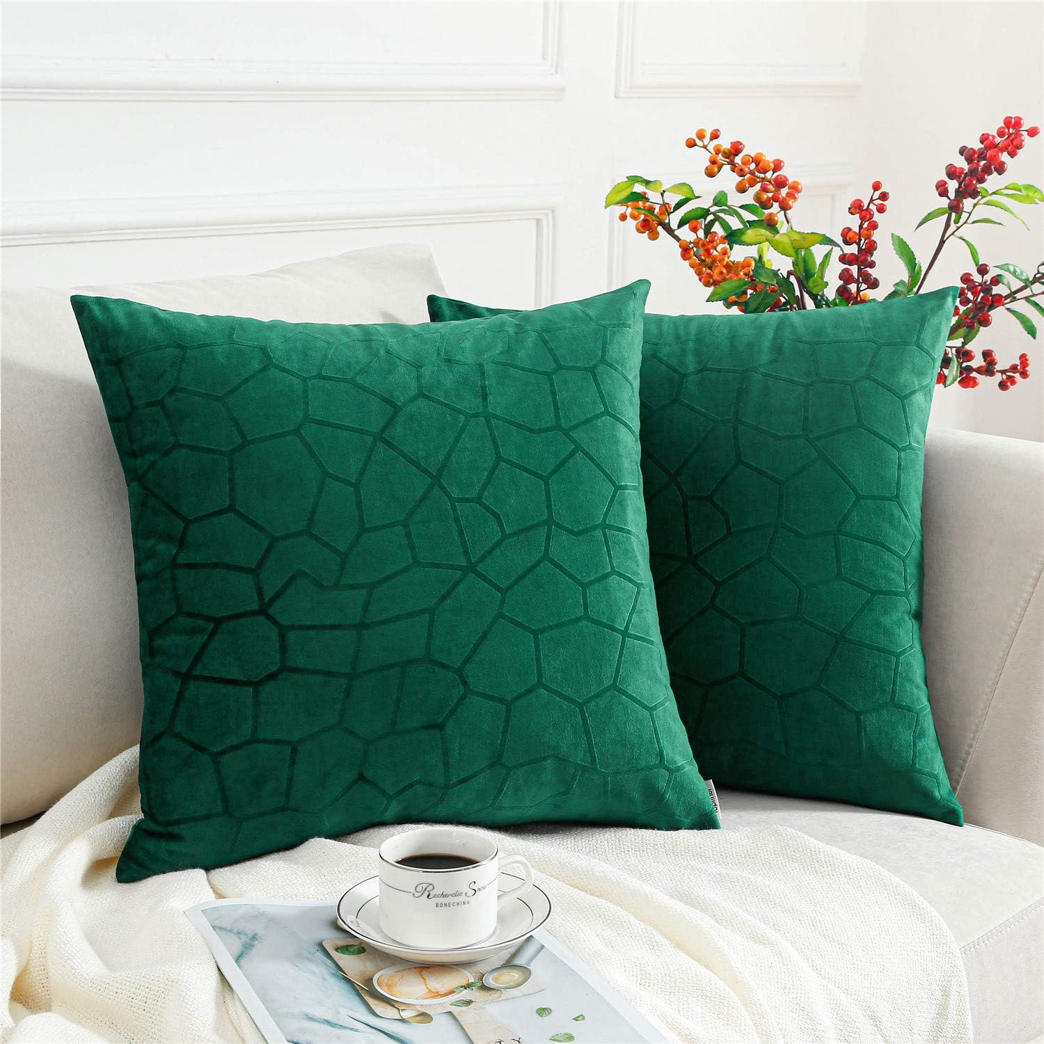 Topfinel Dark Green Velvet Cushion Covers 18x18 Inch Soft Striped