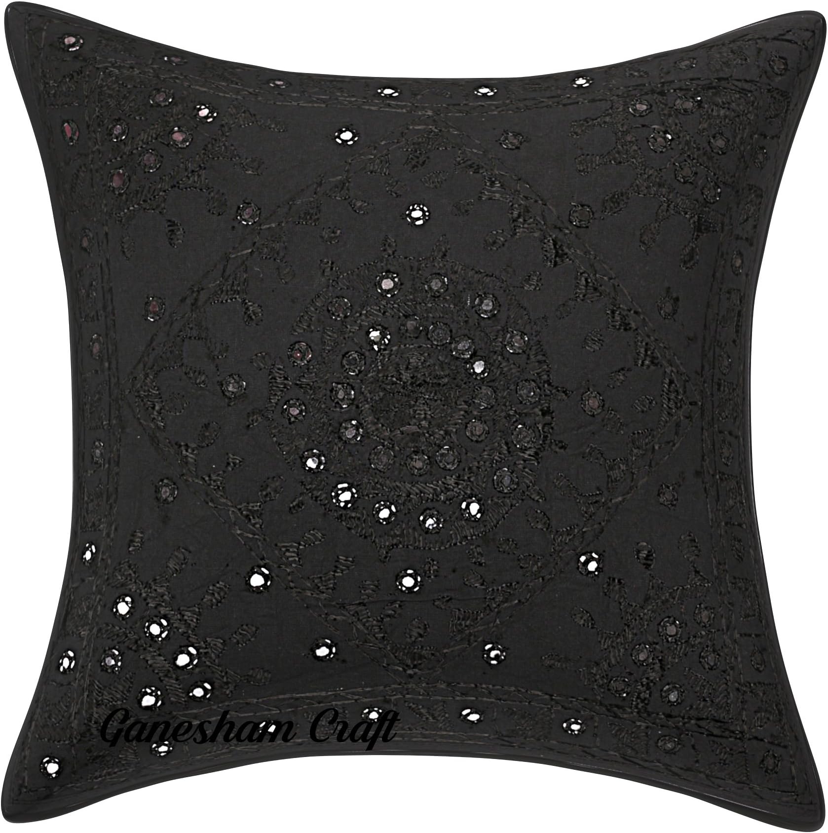 Ganesham Craft Handmade Cotton Embroidered Black Ethnic Cushion Cover 16 x 16 Inch for Home Dรฉcor