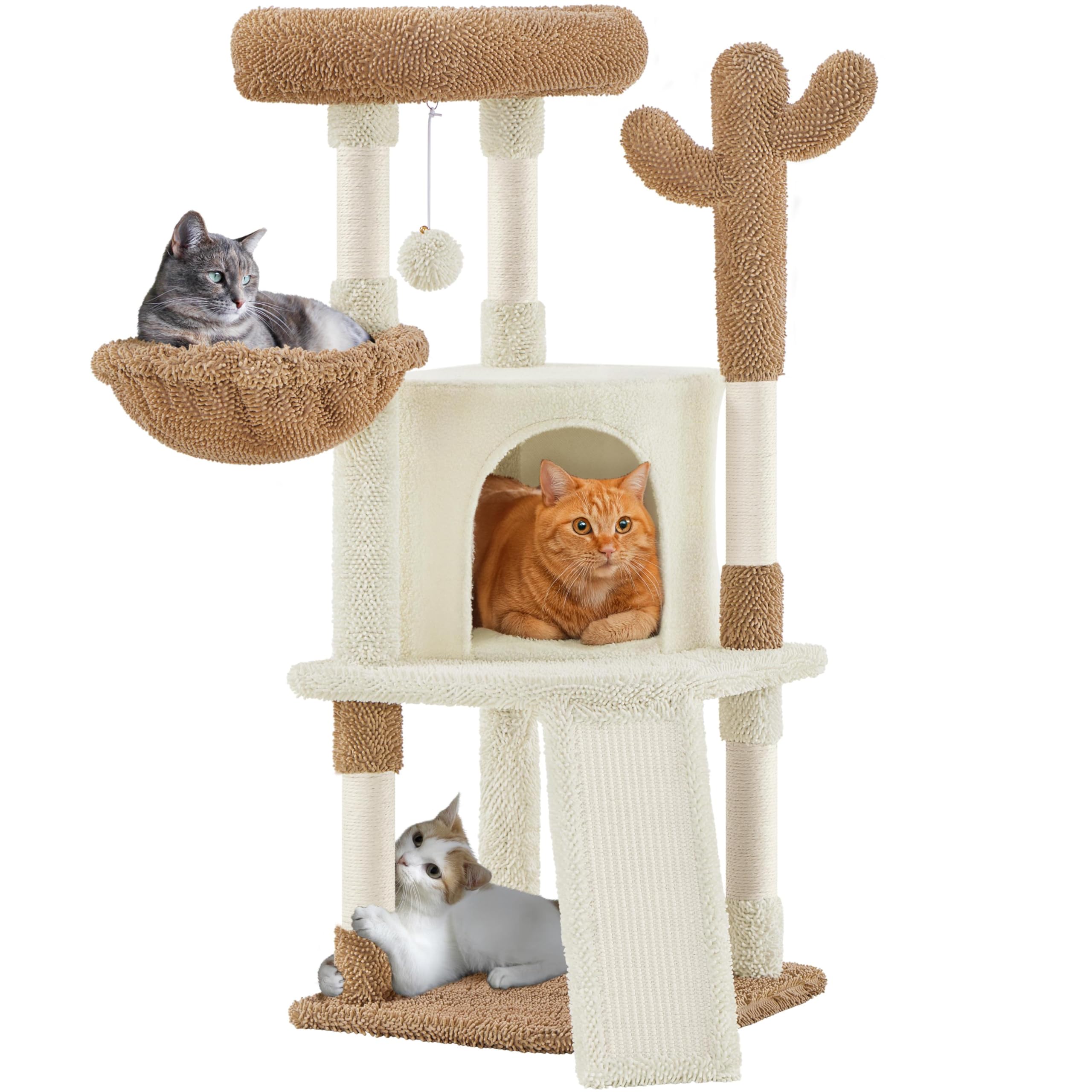 Yaheetech Cactus Cat Tree, 42in Cat Tower for Indoor Cats, Multi Level Kitten Condo Scratching Post, Pet Activity Center Furniture w/Ball, Plush Perch, Platform, Basket, Beige/Brown Image