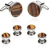 Tigers Eye Tuxedo Shirt Cufflinks Studs Formal Set for Men with Travel Presentation Gift Box for Groom Groomsmen Wedding Party