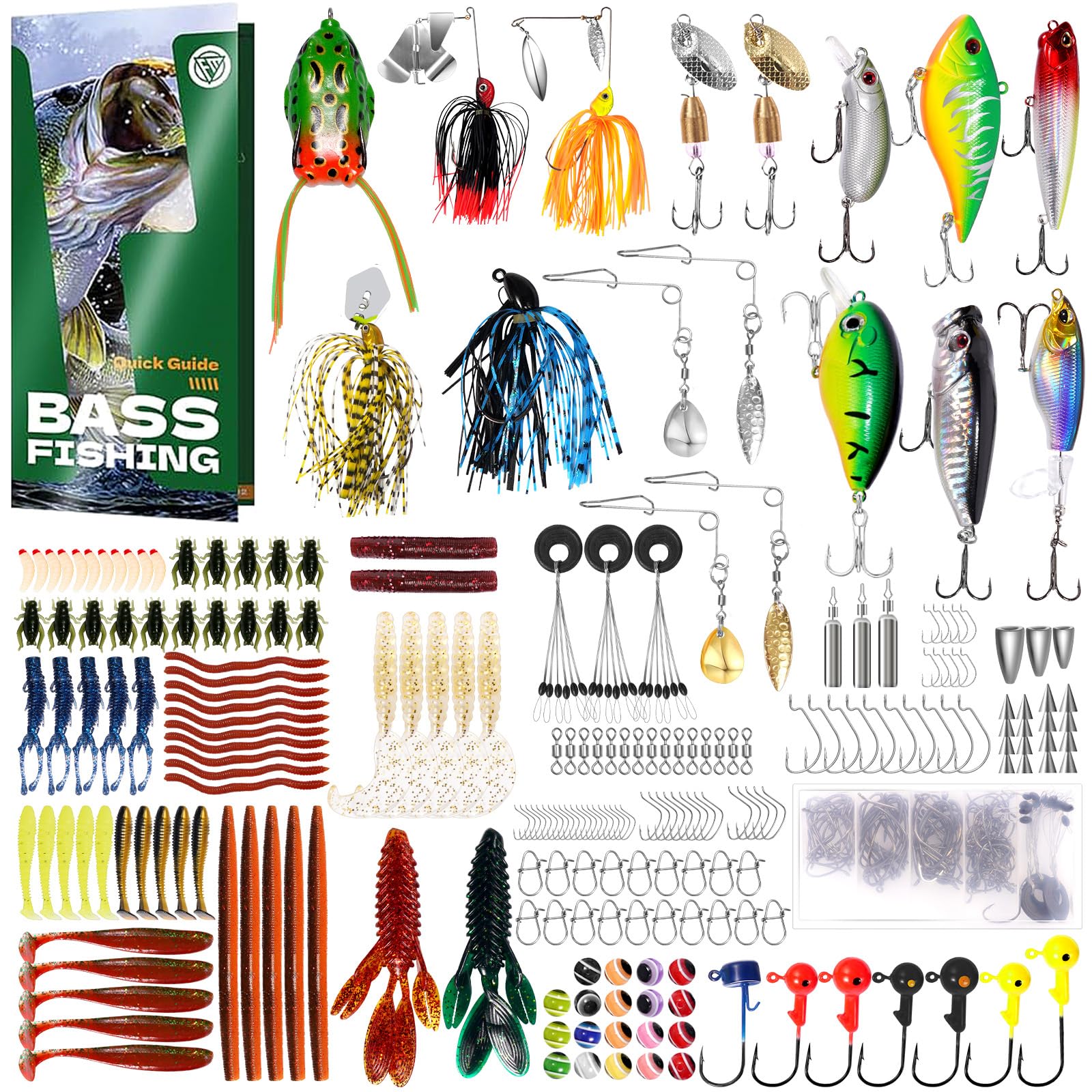 322-Piece Bass Fishing Lures Accessories Kit with Manual - Fishing Hooks Minnow Crankbait Frog Pope Bait Worm Larva Fish Spoon Spinner Bait - Jig Head Fishing Sinks Swivel Weighted Sinks