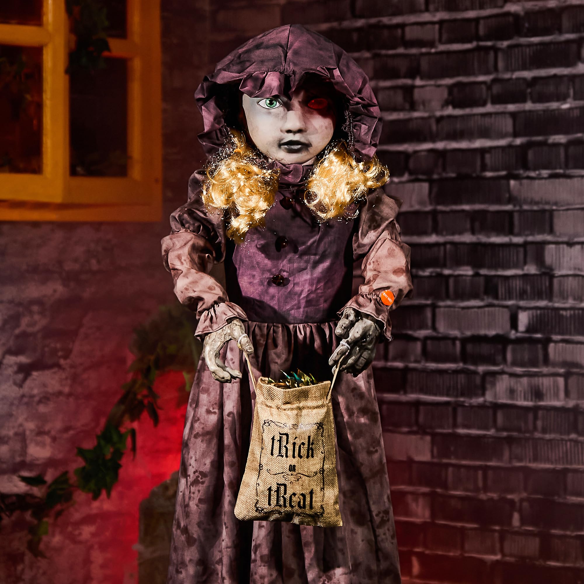 Photo 1 of Halloween Animatronics 4ft Creepy Two-Face Doll, Animated 48" Decorations with Candy Bag, Sound Activated, Speak, Light Up Eyes, Scary Move, Haunted House Holiday Decor Horror Prop for Indoor, Outdoor