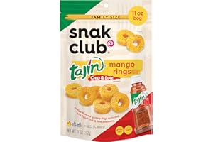 Snak Club Tajin Mango Rings Gummy Candy, Fruit Candy Gummies with Chili and Lime Seasoning, Mild, Gluten-Free and Vegan Snacks, 11 oz Resealable Bag