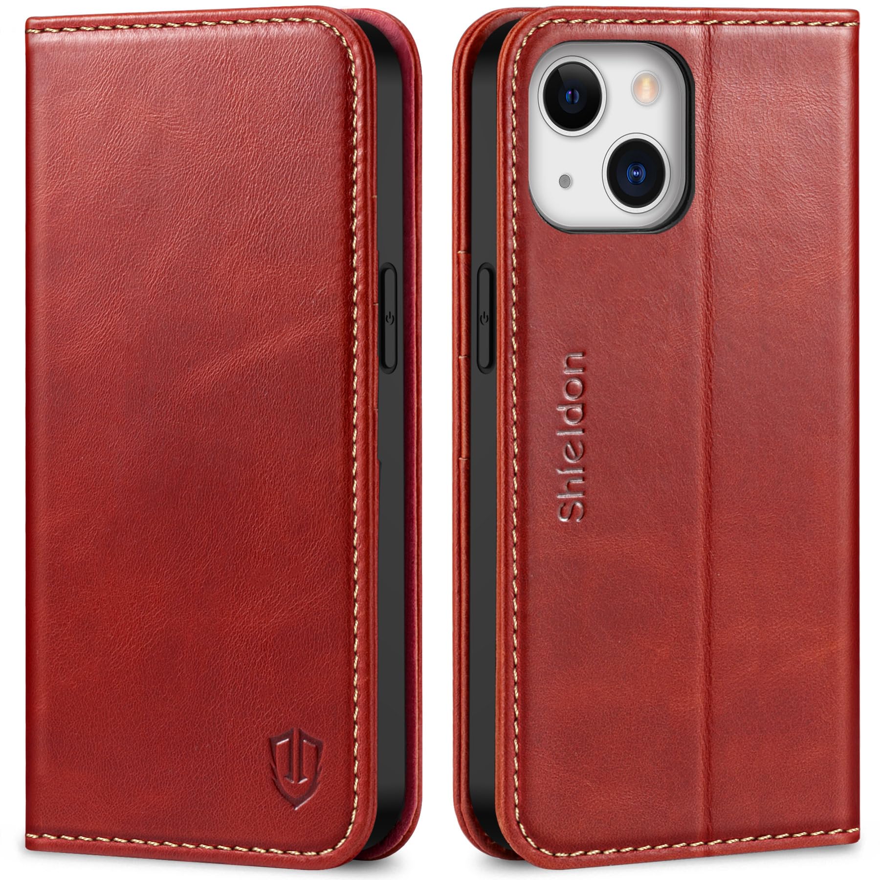 Photo 1 of SHIELDON Wallet Case for iPhone 13 6.1", Genuine Leather Folio Case Kickstand and RFID Blocking Credit Card Slots Magnetic Closure Compatible with iPhone 13 5G 2021 - Retro Red