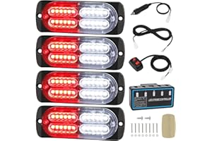 LINKITOM 4pcs Ultra Slim Sync Feature 24-LED Car Truck Surface Mount Emergency Hazard Warning Strobe light (Red&White)