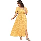 KOJOOIN Womens Kojooin Women Plus Size Wrap Maxi Dress Short Flutter Sleeves Empire Waist Side Split a Line Casual Dress