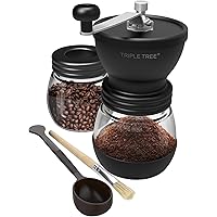 Manual Coffee Grinder with Ceramic Burrs, Hand Coffee Mill with Two Glass Jars(11oz each), Brush and 2 Tablespoon Scoop