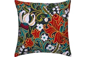 Brvsk Floral Needlepoint Kit for Adults and Beginners — Golden Lily by William Morris 16″ × 16″ with Clear, Precise Printed Design on Cotton Canvas; Includes 2 Needles, Yarn, and Easy-Read Chart