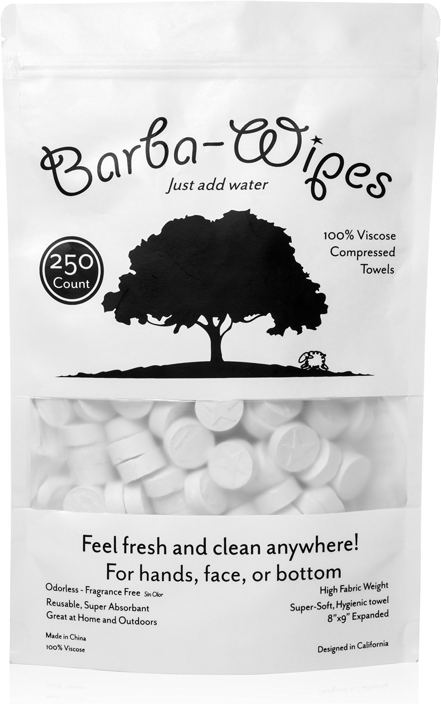 Barba-Wipes | Super Soft Compressed Wipe | Compressed Towel | Expandable Towel | 100% Viscose | Biodegradeable Eco-Friendly | Home Beauty School Backpacking Camping | 250 Count Resealable Bag