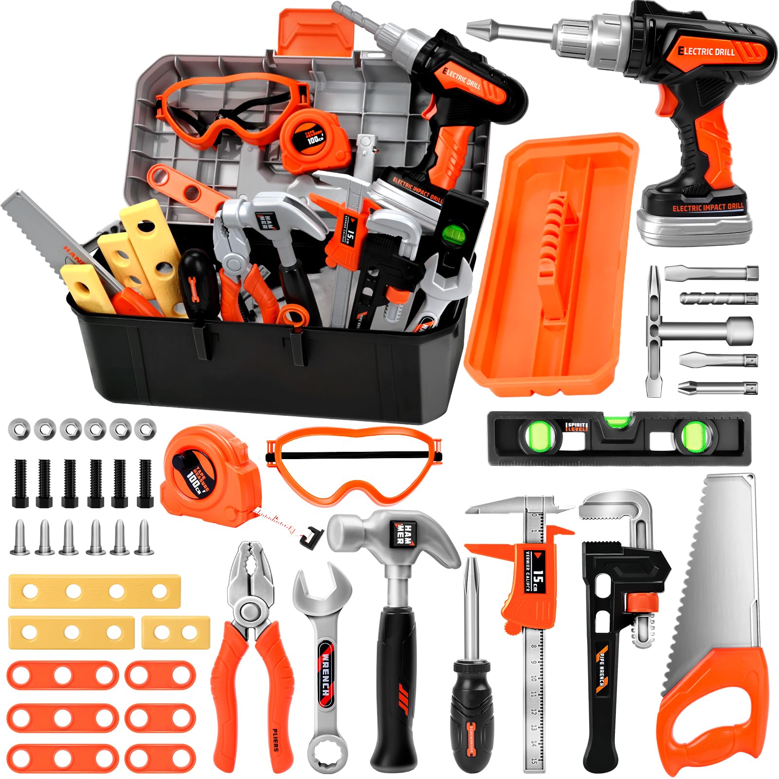 Photo 1 of Breibowski Toddler & Kids Tool Set with Electric Drill, 43 PCS STEM Educational Pretend Play Kit for Ages 3-8 - Realistic Tools & Portable Toolbox, Learning Gift for Boys & Girls (Orange/Black)?