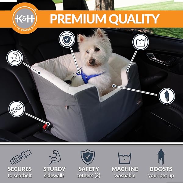 K&H PET PRODUCTS BUCKET BOOSTER DOG CAR SEAT, SEAT BELT SECURED, 2 SAFETY LEASHES, WASHABLE COVERS, STURDY DOG & CAT BOOSTER SEAT, CARRIERS FOR SMALL TO MEDIUM PETS – LARGE GRAY/CREAM