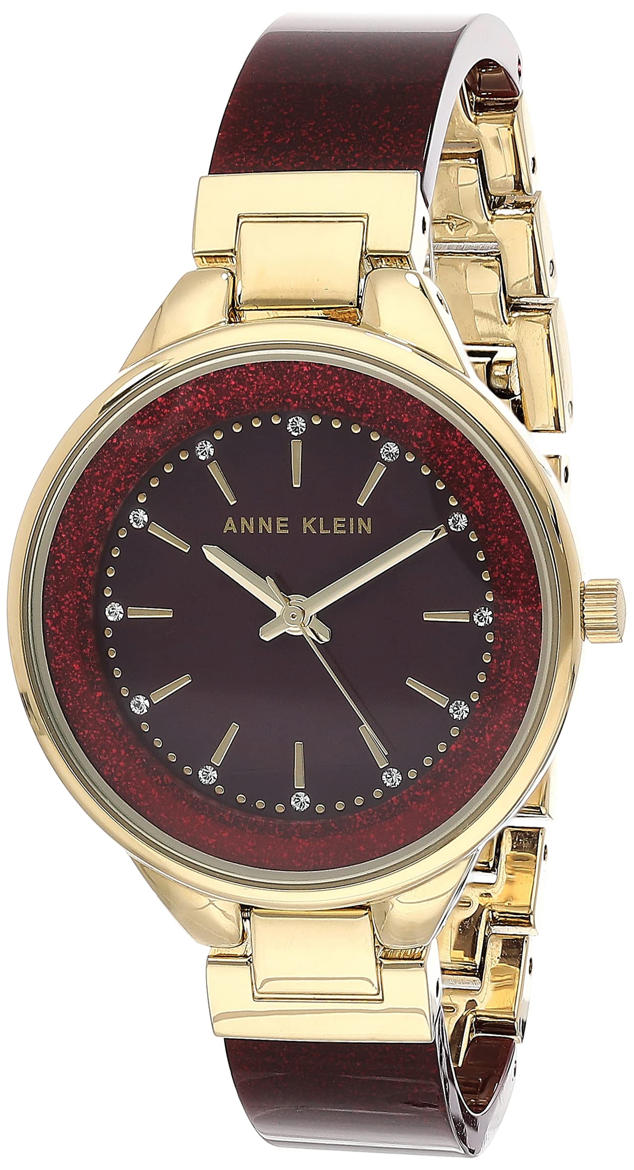 Photo 1 of Anne Klein Women's AK/1408BYBY Premium Crystal Accented Gold-Tone and Burgundy Shimmer Resin Bangle Watch