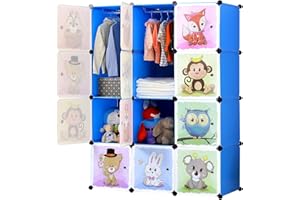 BRIAN & DANY Portable Cartoon Clothes Closet DIY Modular Storage Organizer, Sturdy and Safe Wardrobe for Children and Kids, 8 Cubes&2 Hanging Sections, 30% Deeper Than Standard Version, Blue