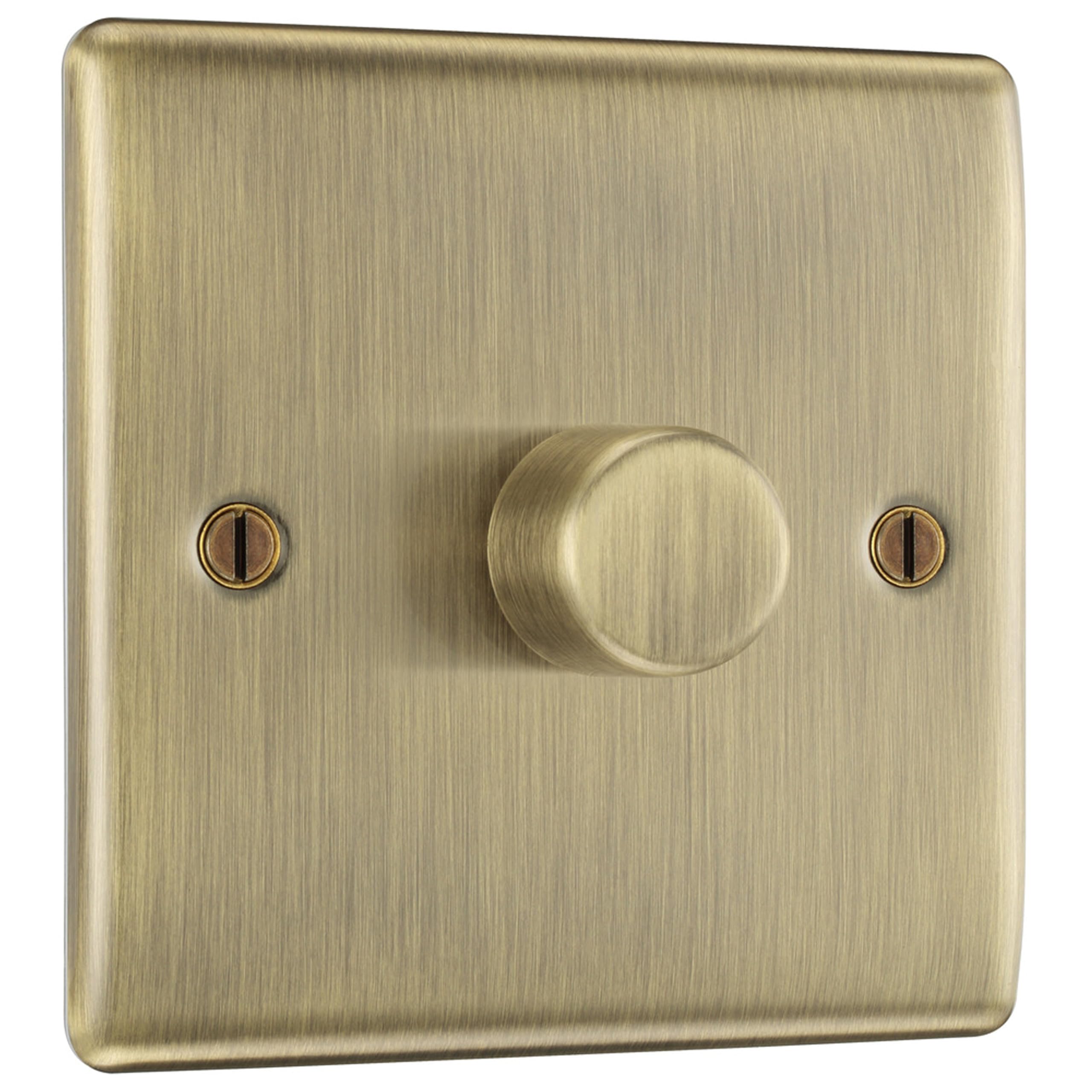 BG Electrical Intelligent Single Wall Dimmer Switch, 2 Way, Raised Profile, Round Edges, Nexus Metal, Antique Brass, 200W, NAB81 — image 1
