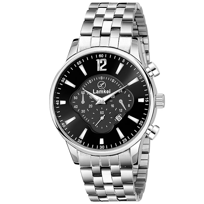 Lamkei Premium Imported Working Chronograph Black Dial Silver Stainless Steel Chain Men�s Watch � LMK-0046