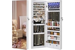 SONGMICS Hanging Jewelry Cabinet, Wall-Mounted Cabinet with LED Interior Lights, Door-Mounted Jewelry Organizer, Full-Length Mirror, Christmas Gift Idea, White UJJC99WT