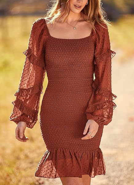 PRETTYGARDEN WOMENS 2024 FALL SMOCKED BODYCON MINI DRESS LONG SLEEVE SQUARE NECK SWISS DOT RUFFLE MERMAID ELEGANT DRESSES (BROWN,X-LARGE)
