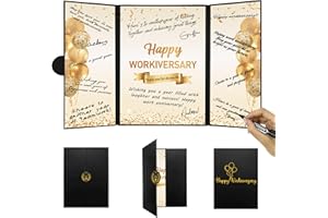 DARUNAXY Black Gold Happy Workiversary Party Decorations, Happy Work Anniversary Alternative Signature Guest Book for Men Women Employee Business Gifts Signing Card Board for Office Supplies