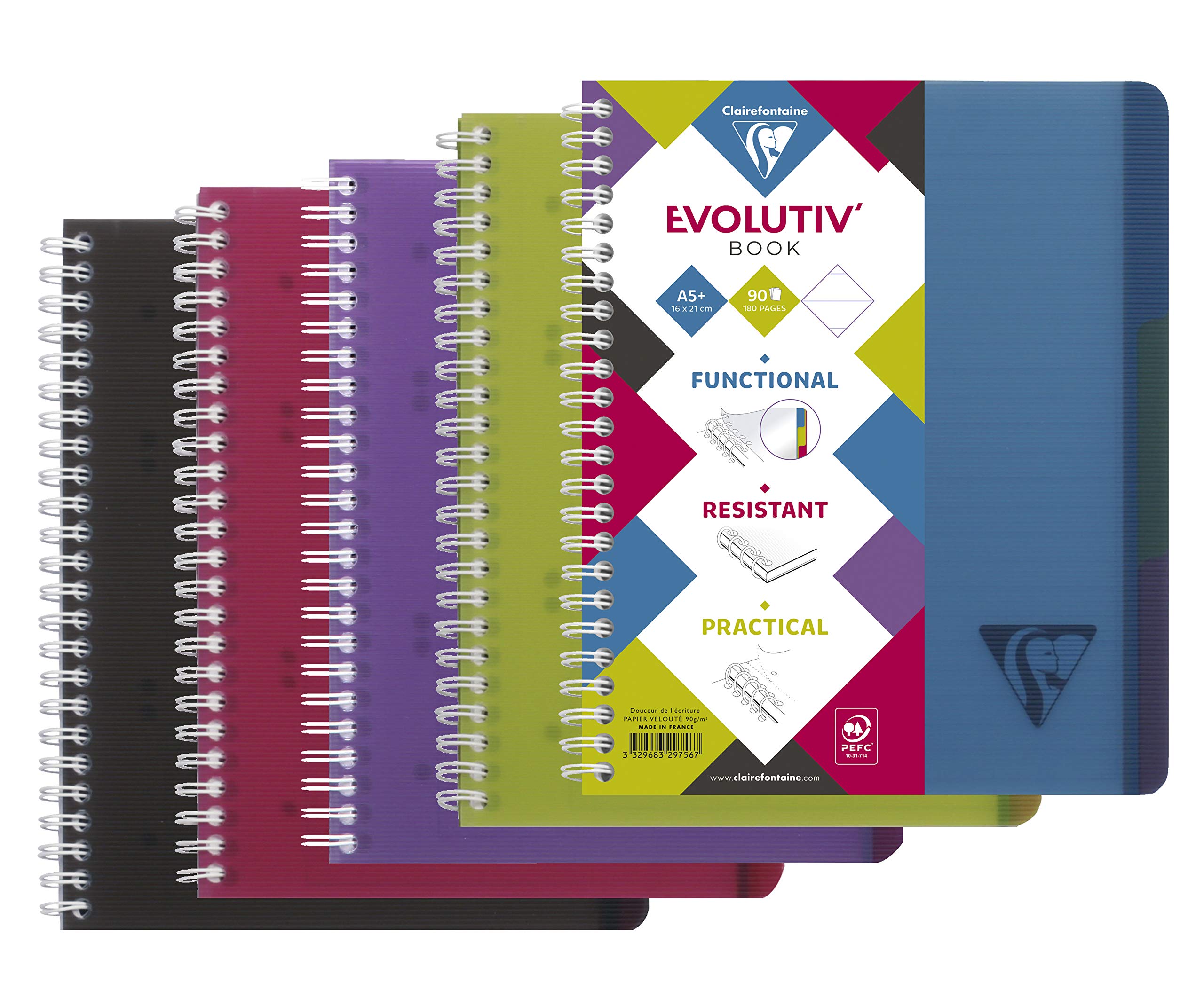 Clairefontaine 329756C LiniColour Intensive Evolutiv'Book Perforated Spiral Notebook A5+ 16x21 180 Framed Ruled Pages - 90g Paper - Polypro Cover Random Colour