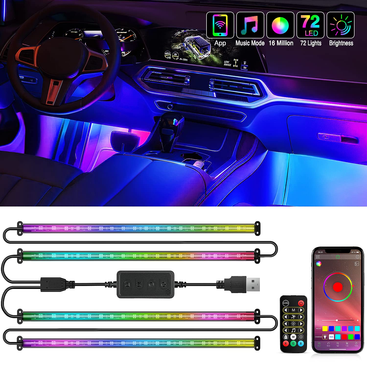 Photo 1 of ****sold for part final sale***Nilight 72 LED USB Interior Strip Lights Dream Color RGB-IC 12V DC with App RF Remote Control Multicolor Footwell Under Dash Chasing Inside Light Kits 2 Lines Music Sync Mode for Cars Truck ATV UTV