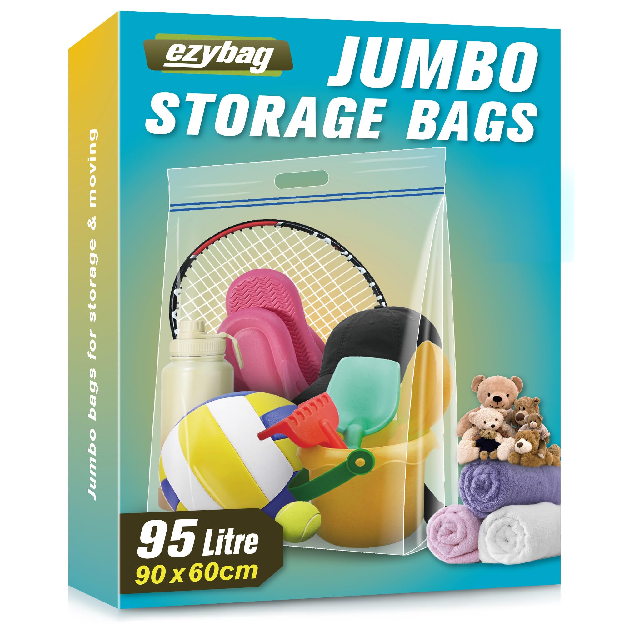 Ezybag 95 Litre Jumbo Storage Bags, Pack of 5 Resealable Clear Bags with Handle, Heavy Duty Storage Bags for Pillows Clothes Travel Moving