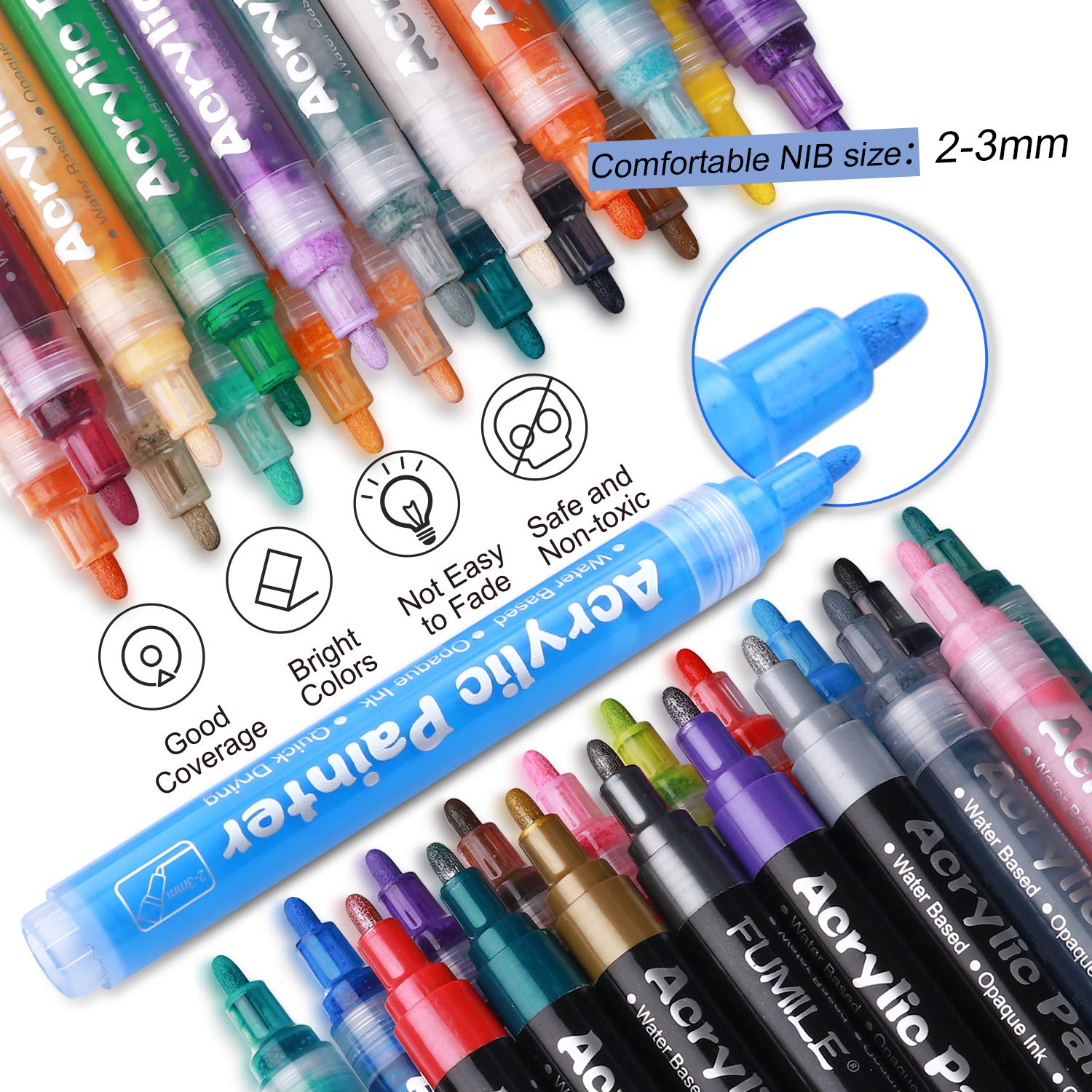 FUMILE 36 Colors Medium Tip Paint Pen Markers, Acrylic paint Markers with 100% More Ink for Wood, Rocks, Glass, Ceramic, Canvas,Paper,Eggs, Acrylic Paint Pens Set for Craft Projects,DIY.