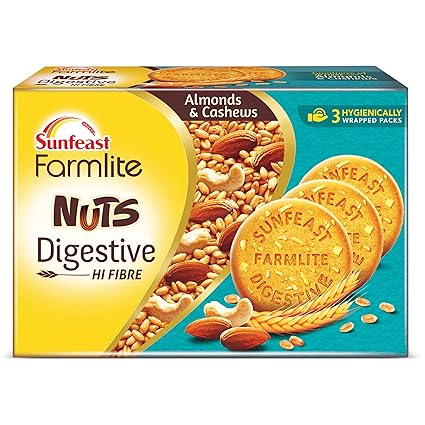 Sunfeast Farmlite Nuts Digestive Biscuit | High Fibre | Goodness of Almonds, Cashews and Wheat Fibre, 250g