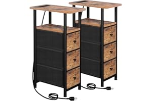 LOAKEKEL Narrow End Tables Living Room Set of 2 with Charging Station, Skinny Side Table with Fabric Drawers, Slim Nightstand for Bedroom, Small Spaces, Couch, Brown, HETNDP03BR