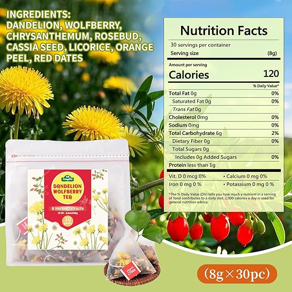 FANGKIC 30 PACKS ORGANIC DANDELION ROOT TEA BAG, 8 HERBAL DANDELION WOLFBERRY TEA OF DANDELION, GOJI BERRY, JUJUBE DATES, ROSE, LICORICE, CHRYSANTHEMUM 8.5OZ(240G)