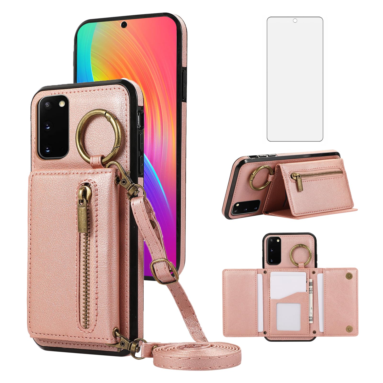 Compatible with Samsung Galaxy S20 FE 5G Wallet Case with Screen Protector and Crossbody Shoulder Strap Card Holder Cell Phone Cover for S 20 EF UW S20FE 20S S2O Fan Edition 4G G5 Women Rose Gold