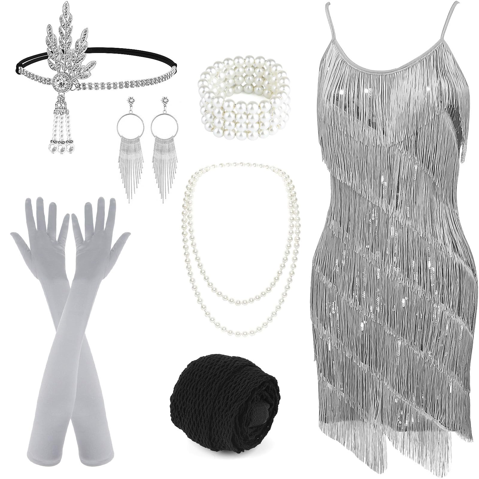 Photo 1 of PLULON Women's 1920s Gatsby Sequin Fringed Vintage Flapper Dress Cocktail Party Dress with 20s Accessories Costume Set for Evening Prom (Gray?