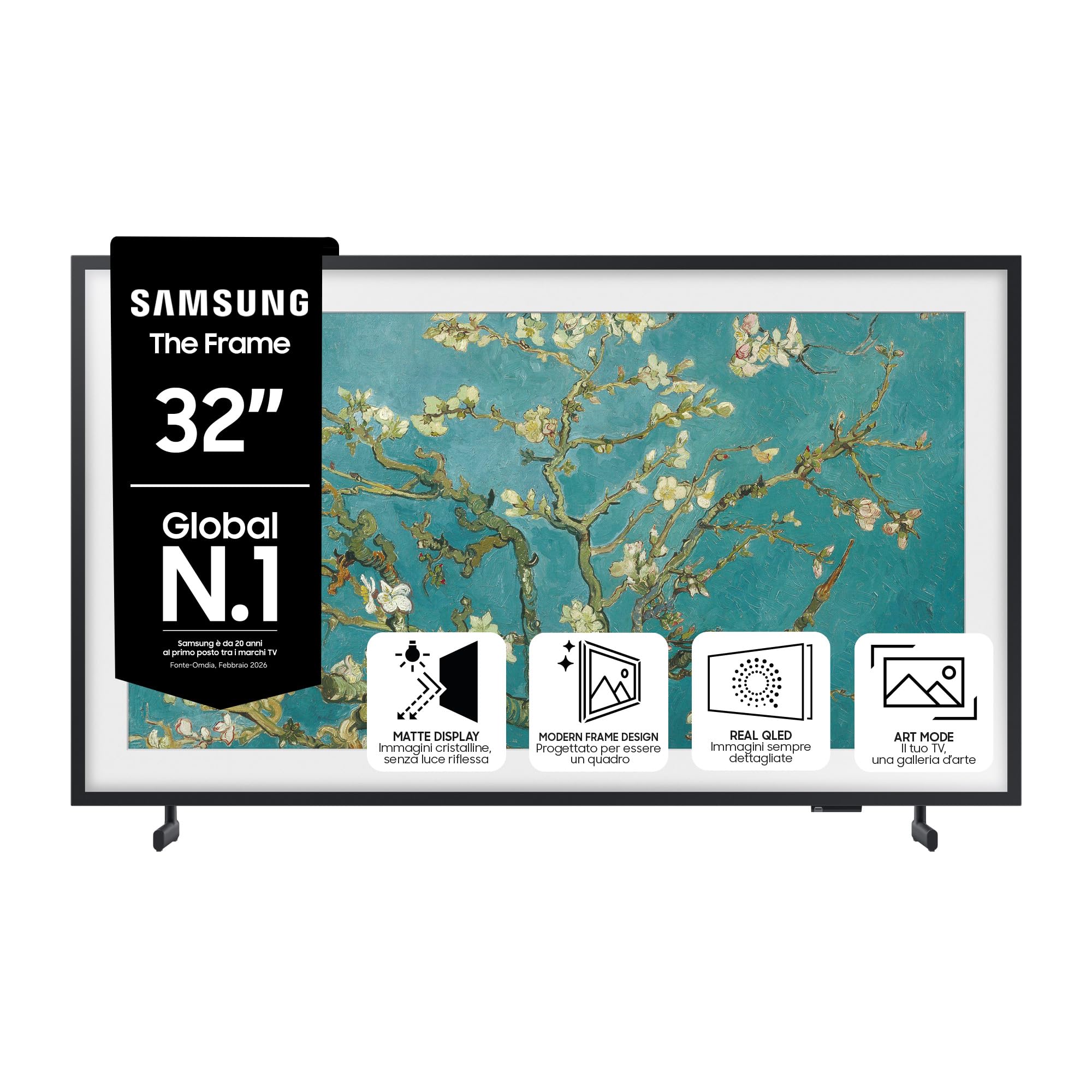 Samsung Lifestyle TV QE32LS03CBUXZT The Frame QLED Full HD, Smart TV 32" Matte Display, Art Mode, OTS Lite, Integrato con Bixby e Alexa compatibile con Google Assistant, Black 2023