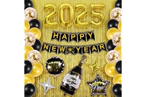 Kusamue Happy New Years Eve Party Decorations Kit, 2025 foil balloons happy new year banner 2 PCS Gold fringe curtains 37PCS 12 Inch Latex Balloons for New Year Party Eve Carnival Greet New Year Kit