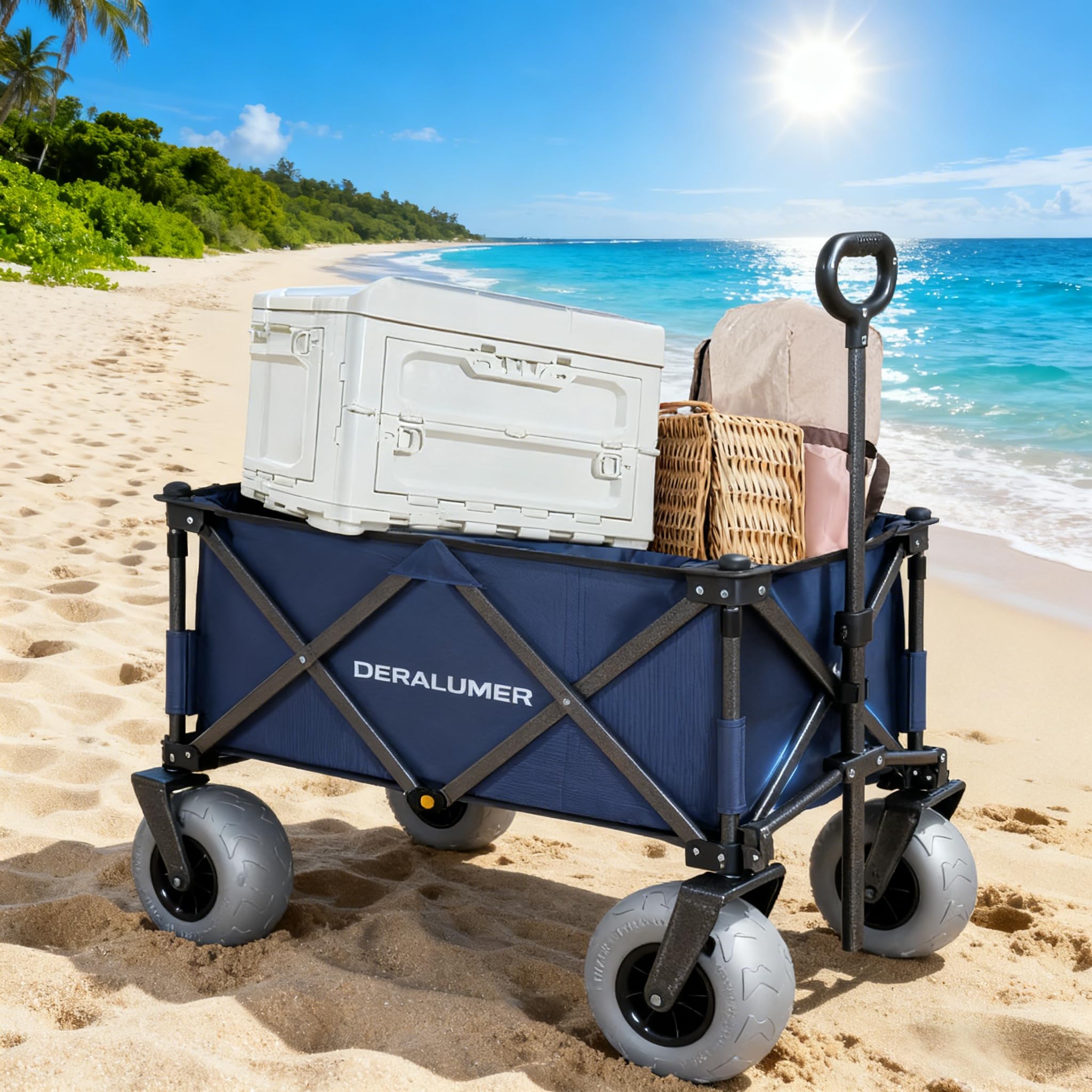 Photo 1 of 2025 Large Beach Cart, Retro Blue Style, Capacity of 220 Pounds. Outdoor Beach Wagon, Suitable for Sand or Grasslands, Storage and Transportation (Blue)