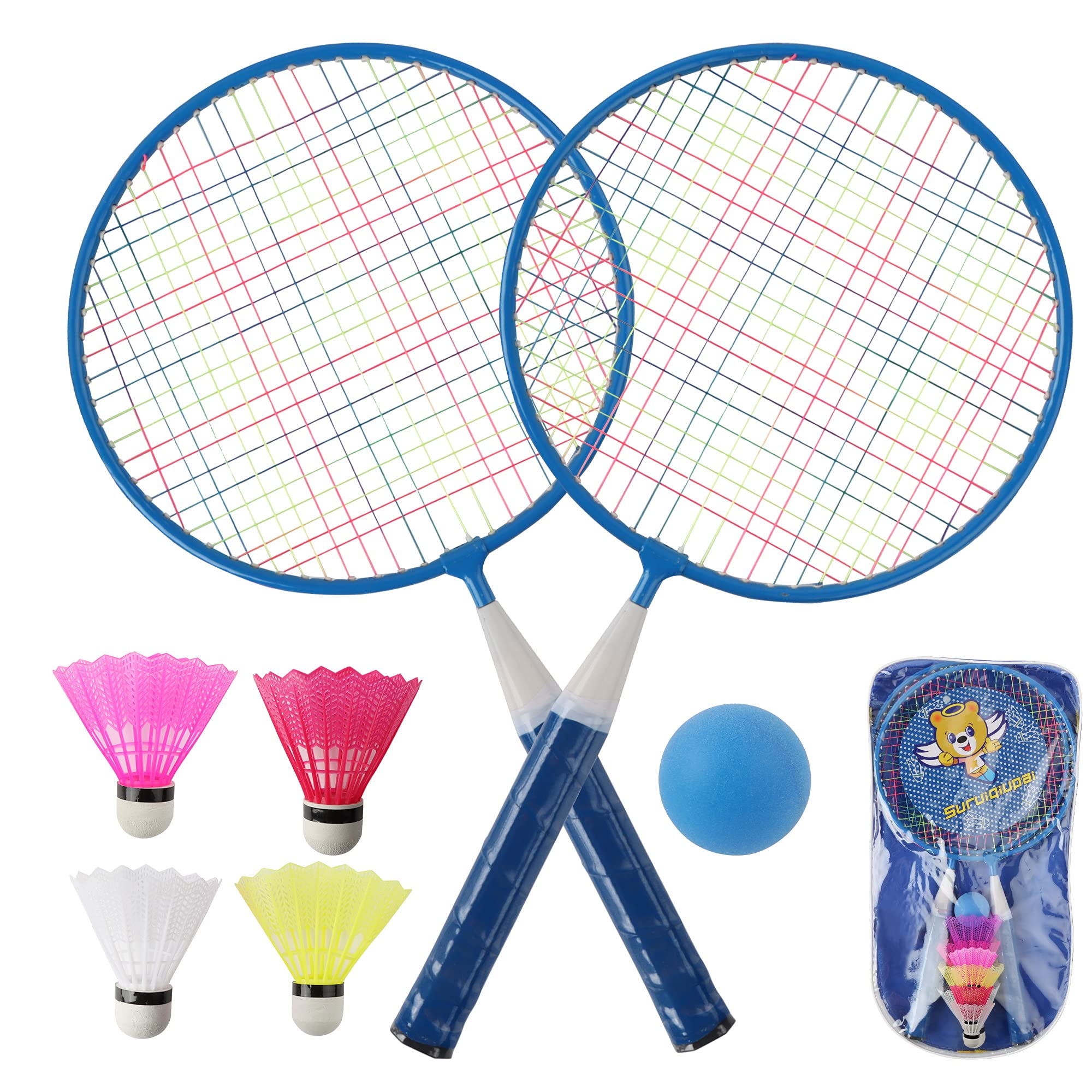 QKTYB Kids Badminton Set, 1 Pair Children Badminton Rackets Set of 2, Nylon Alloy Lightweight for Kids Beginner Players Indoor Outdoor Sports Game with Carry Bag (Blue)